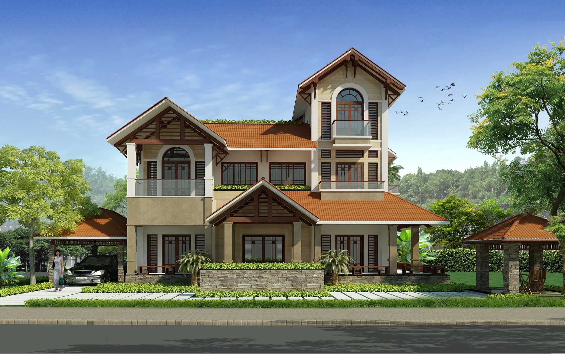 BIỆT THỰ CAO CẤP 3 TẦNG MÁI THÁI 16X16m, 4 PHÒNG NGỦ - CHI PHÍ CHỈ KHOẢNG 3.5 TỶ