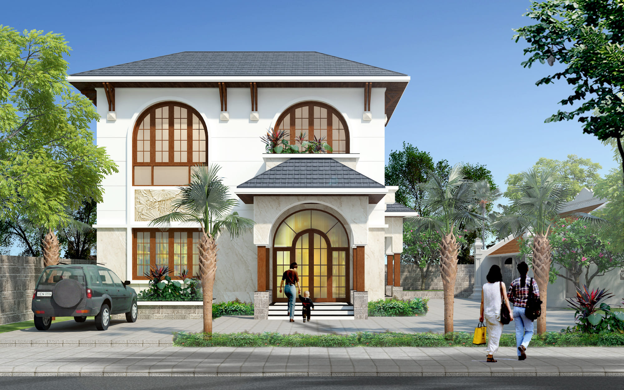 Biệt thự 2 tầng phong cách Đông Dương. 10x15m, 4 phòng ngủ kết hợp sân vườn Nhật